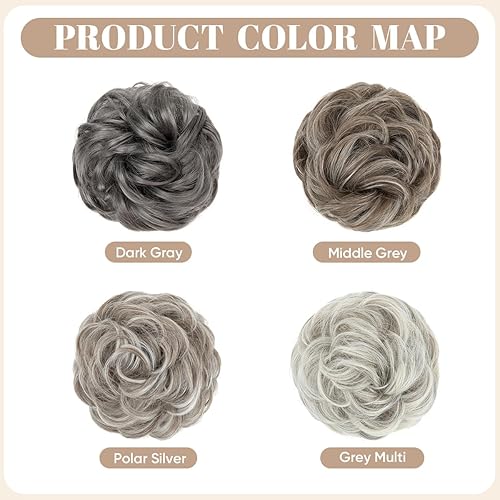 Miniatura 3 de SARLA 2 extensiones de moño de cabello ondulado, rizado, sintético, para mujeres y niñas, color gris