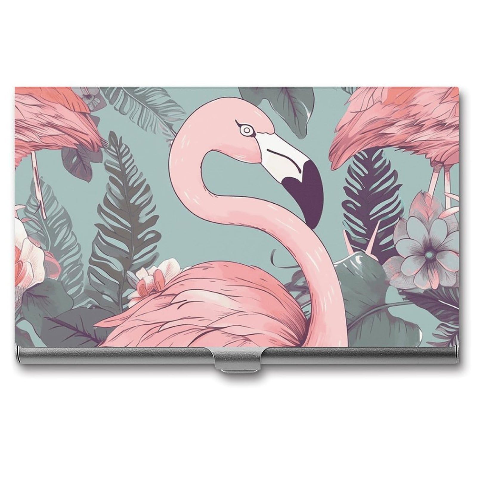 BTCOWZRV Flamingo Business Card Holder Metal Slim Business Card Case, Pocket Card Holder for Men Women Purse Name Card Holder Stainless Steel Wallet Credit ID Case for Office