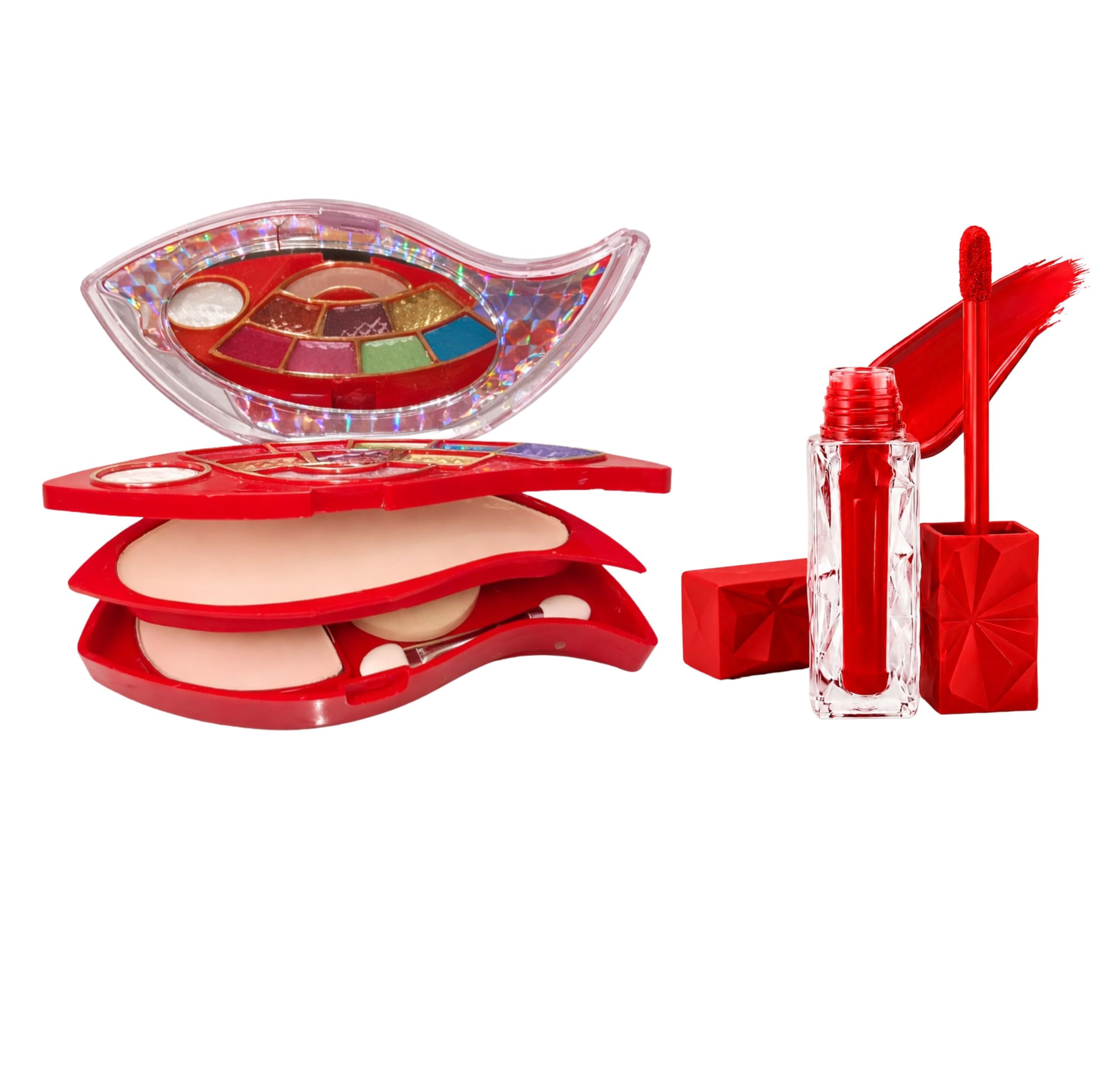 Professional Multi-Layer Face Base, Eyeshadow Palette & Matte Liquid Lipstick Makeup Combo Kit for Women | Includes Fish-Shaped Multi-Tier Eye Shadow & Double Compact Powder Box with Velvet Matte Red Liquid Lip Stain Set | Festive Cosmetic Gift Pack-image-40
