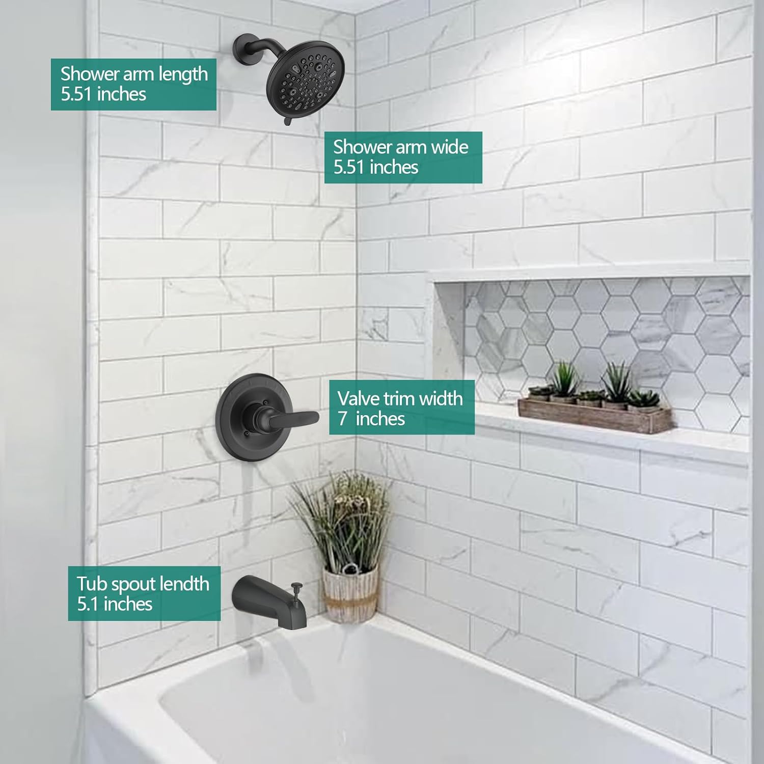 Replacement Bathtub Faucet Trim Kit for 1300/1400 Series, 9-Setting High Pressure 5.5" Round Rain Shower Head& Handle Set, Matte Black(Valve& Catridge Not Inclued)
