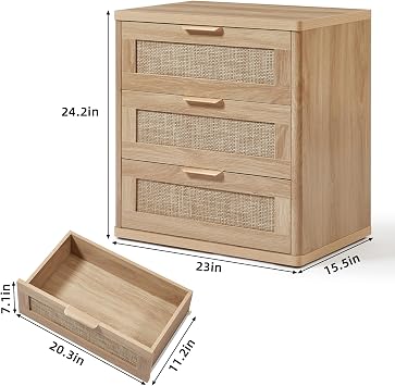 Lerliuo Rattan NightStand with Charger Station, 23 Wide Boho Bedside Table with Drawers, Natural Wood Night Stand Open Storage Cabinet, Bed Side End Table Dresser for Living Room, Hallway, Bedroom
