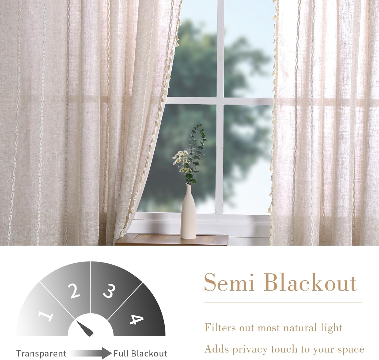 Linen Curtains Boho Farmhouse Curtains for Bedroom Living Room 63 Inches Long Semi Blackout Curtains 2 Pannels Cotton Linen Window Curtain Panel, Bohemian Tassel Curtain Drapes, 55" W x 63" L,Coffee