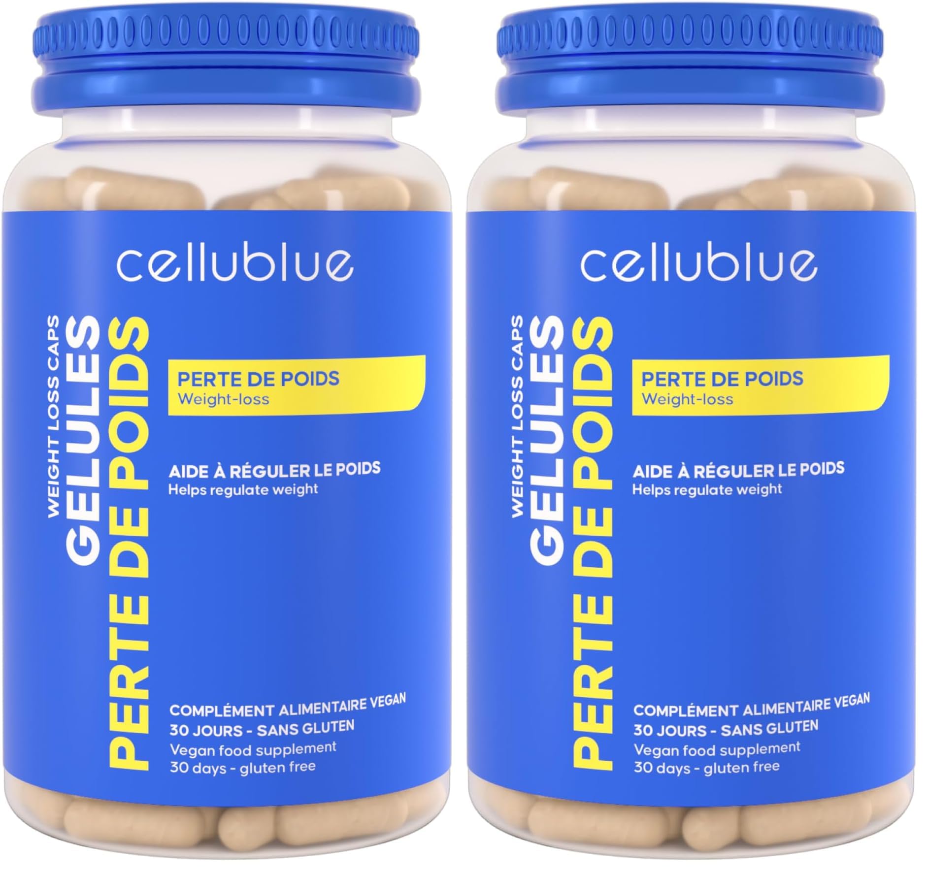 Gélules Perte de poids Cellublue - Minceur Femme - Perte de Poids Efficace, Brûleur de Graisses Ventre Plat, Réduit l’Appétit - Contrôle du poids durable - 60 Capsules Vegan - Naturel (Lot de 2)