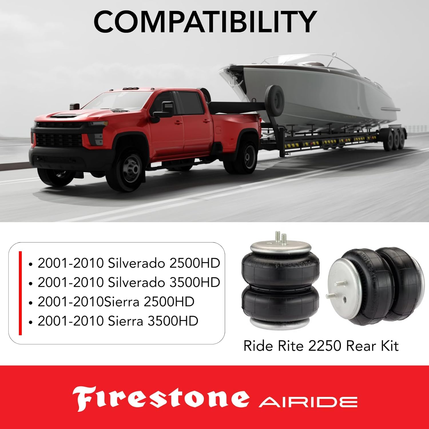 Firestone Airide 2250 Ride-Rite Rear Air Springs Kit fits 2001-2010 Silverado Sierra 2500HD 3500HD | 5-100 PSI | Load Capacity of 5,000 lbs | No Drill Installation