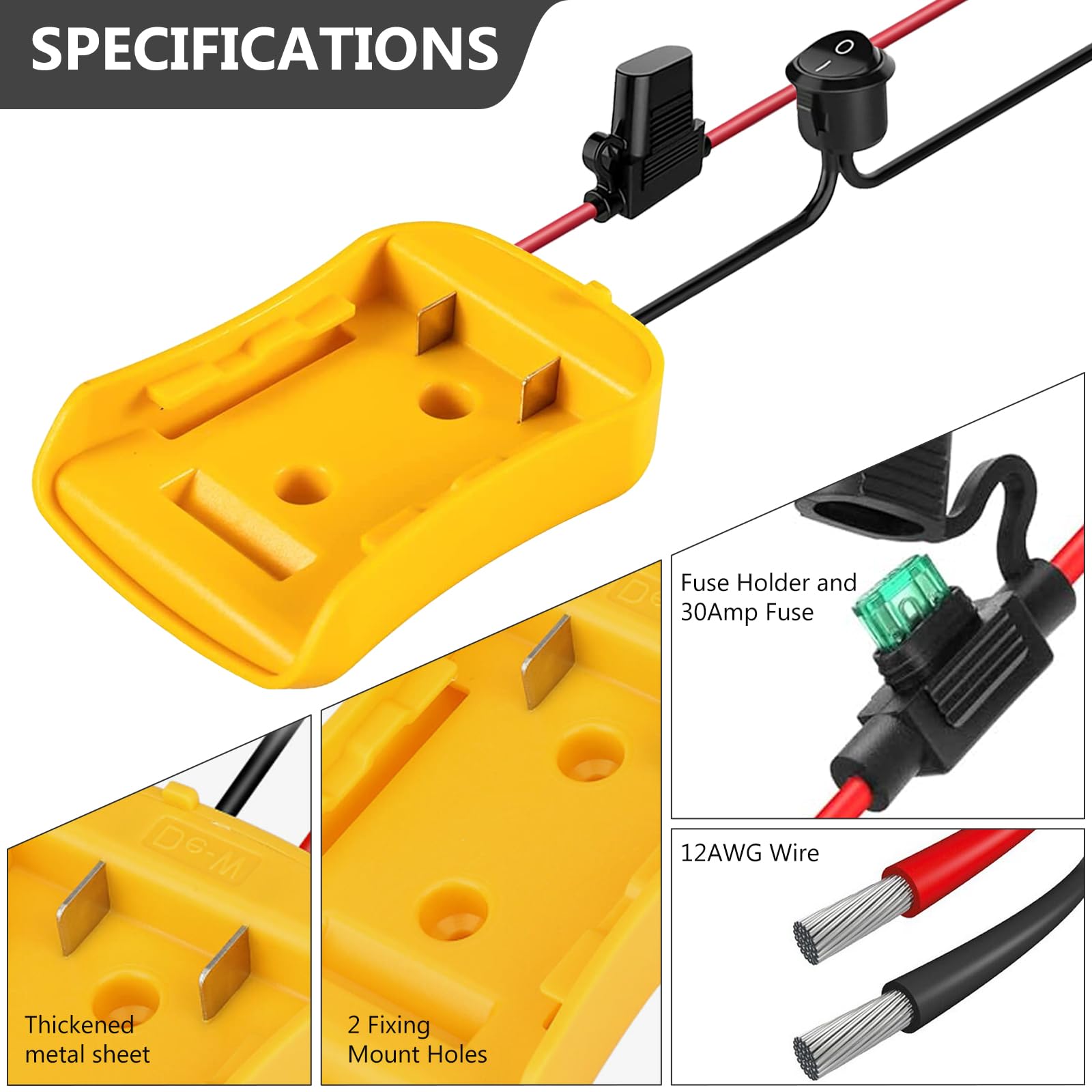 2 adaptadores Power Wheel para batería Dewalt de 18 V/20 V, adaptador de batería, conector de carga de 12 AWG con fusible e interruptor, kit de conversión de batería, adaptador de batería seguro para