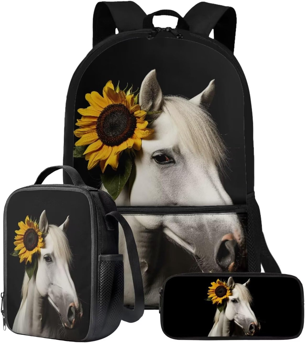 Sunflower White Horse Print 3 Pcs School Backpack Set for Kids Girls Boys Large School Bag with Lunch Box Pencil Case, Portable Bookbag Student Back Packs Satchel Travel Daypack Bagpack