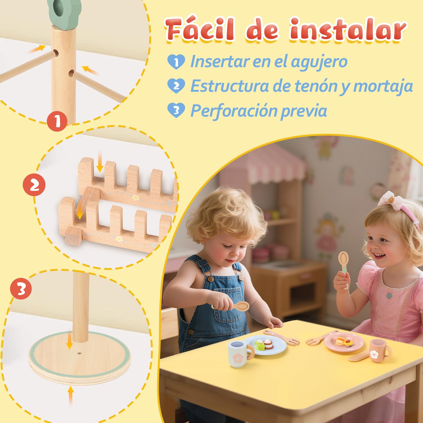 Charmofun Stoviglie Cucina Bambini in Legno, 30 Pezzi Accessori Cucina Bambini di Legno, Cucina Tea Party Regalo per Ragazze Ragazzi 4 5 6 7 8 anni
