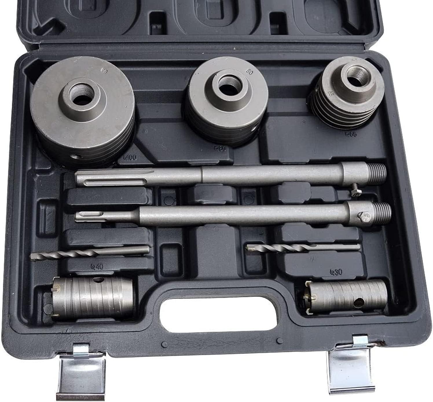 10 unidades para kit de 5 brocas widia para hormigon medida 30 40 65 80 100 mm dos soportes de montaje sds plus y sds Max 2 puntas de centrado + maleta de transporte