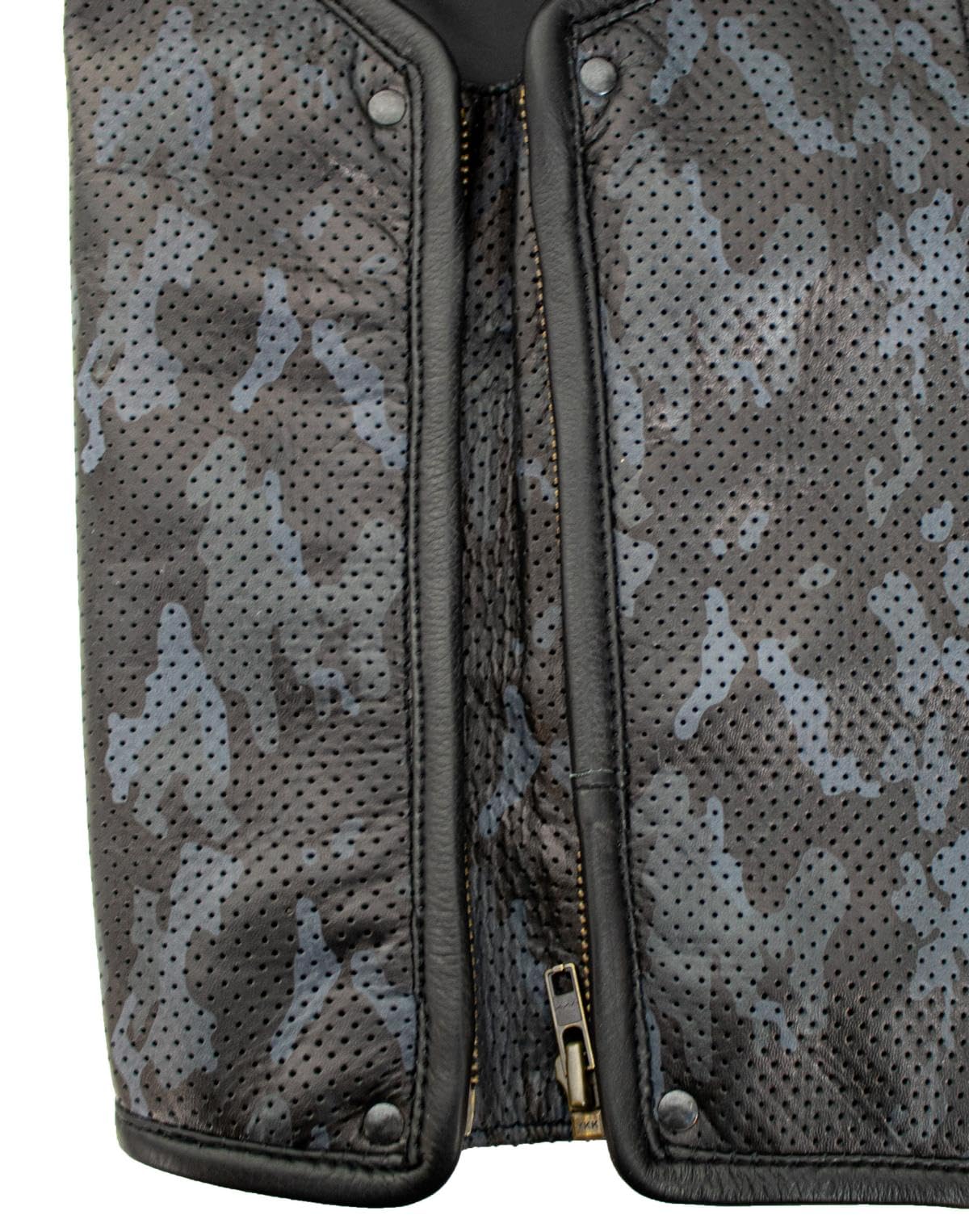 Chaleco de piel para hombre, diseño de camuflaje, color negro y gris, perforado, de auténtica piel de vacuno, ampliable mediante cremallera