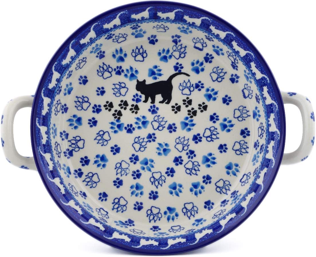 Polmedia Polish Pottery Round Baker with Handles - Boo Boo Kitty Paws Pattern Handmade in Boleslawiec Poland by Ceramika Artystyczna + Certificate of Authenticity