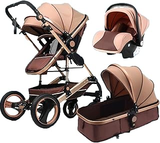 Sijux 3 en 1 Poussette De Bébé Landau Doré Pliable avec avec Ressorts Anti-Choc Landau Réglable pour Bébé Poussette pour Bébé