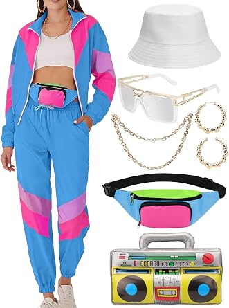 VillbeCoser Womens 80s 90s Outfits Tracksuit Costume Accessories Set, Color Block Windbreaker Jacket Neon Fanny Pack