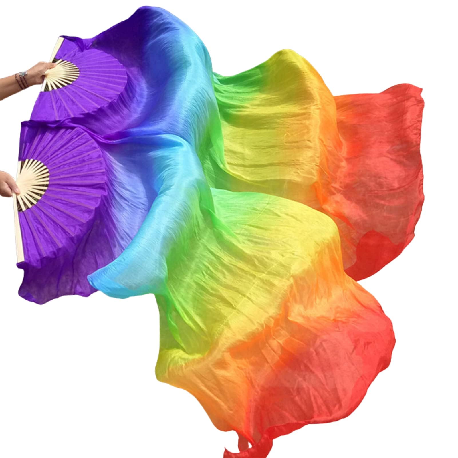 Belly Dance Faux Silk Veil Fans, 1 Pair (Left+Right) Faux Silk Bamboo Long Fans Veils, Handmade Belly Dance Dancing Silk Fans, Dance Performance