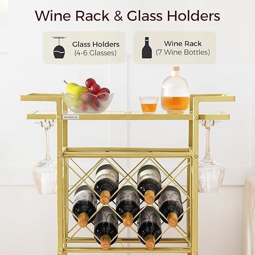 Miniatura 5 de Carrito de bar dorado, carrito de servicio de bar en casa, carrito de bebidas de 3 niveles con 7 estantes para botellas de vino, soportes de vidrio,