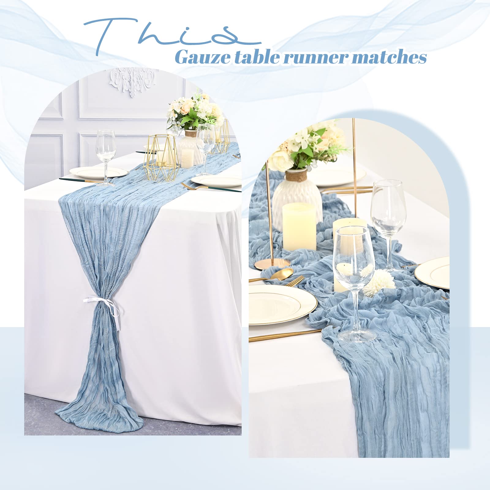 10 Pack Chemin de Table en Étamine Bleu Poussiéreux - 10FT Long Semi-Transparent en Gaze - Tissu Boho