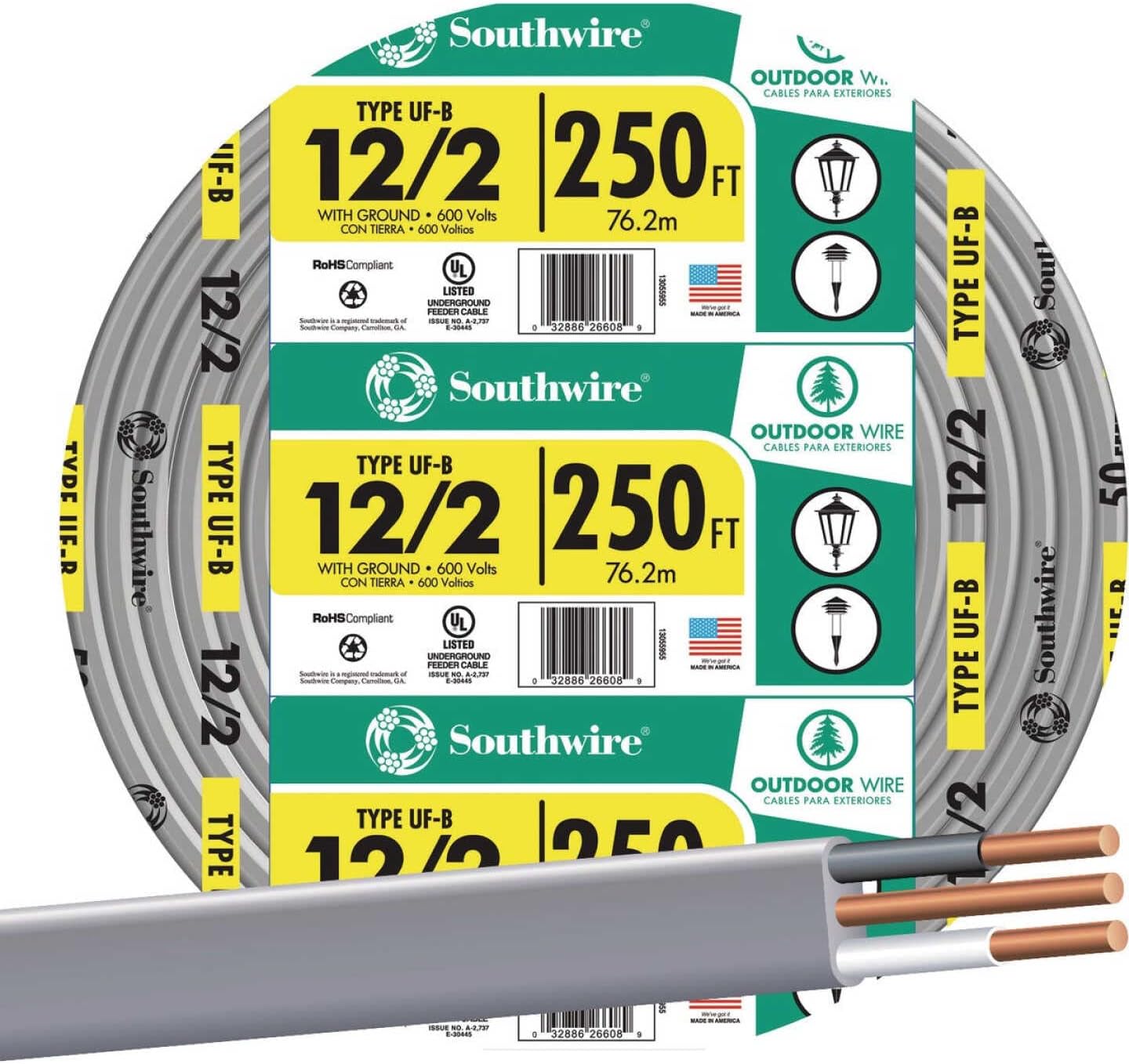 12/2 UF-B Wire, Underground Feeder and Direct Earth Burial Cable (250ft Cut)