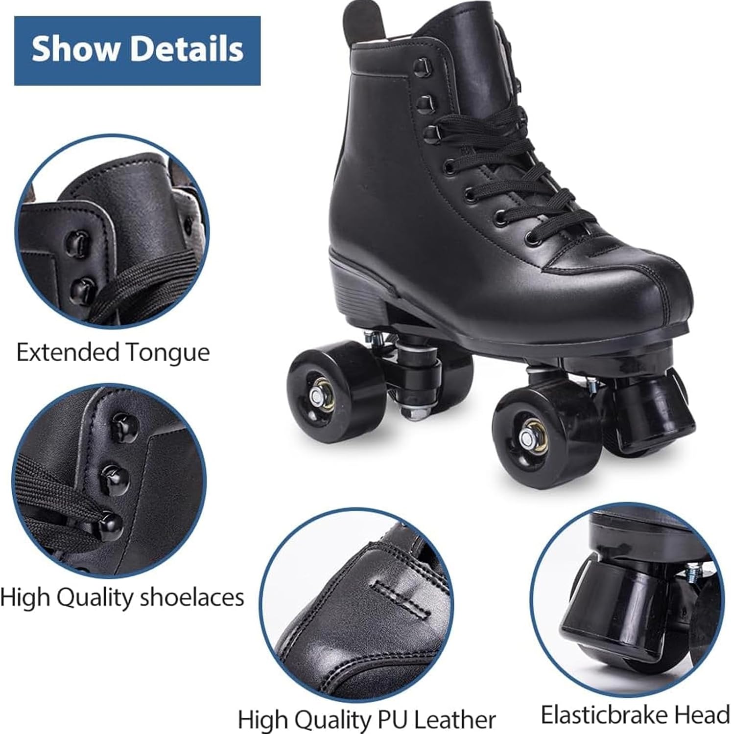 Roller Skates Women Men High-Top PU Leather Roller Skates Classic Double-Row Roller Skates Outdoor Indoor Quad-Skates with Light up Shoe Laces
