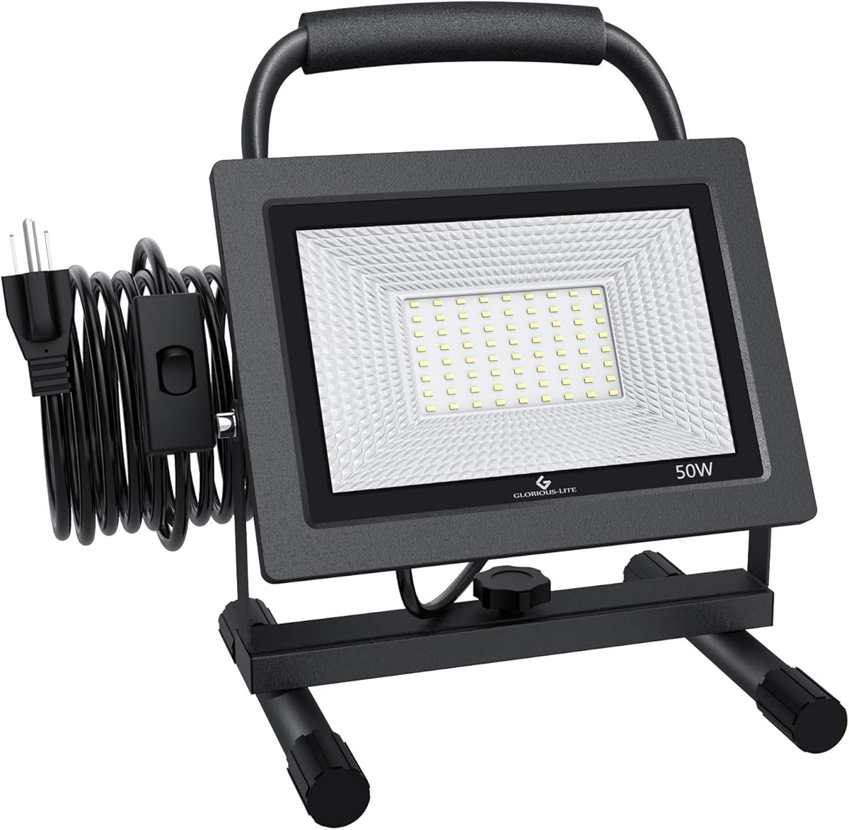 GLORIOUS-LITE 50W LED Work Light, 5000LM LED Flood Lights, 400W Equivalent, IP66 Waterproof, 16ft 5m Cord with Plug, 6500K, Adjustable Working Lights for Workshop Garage, Construction Site