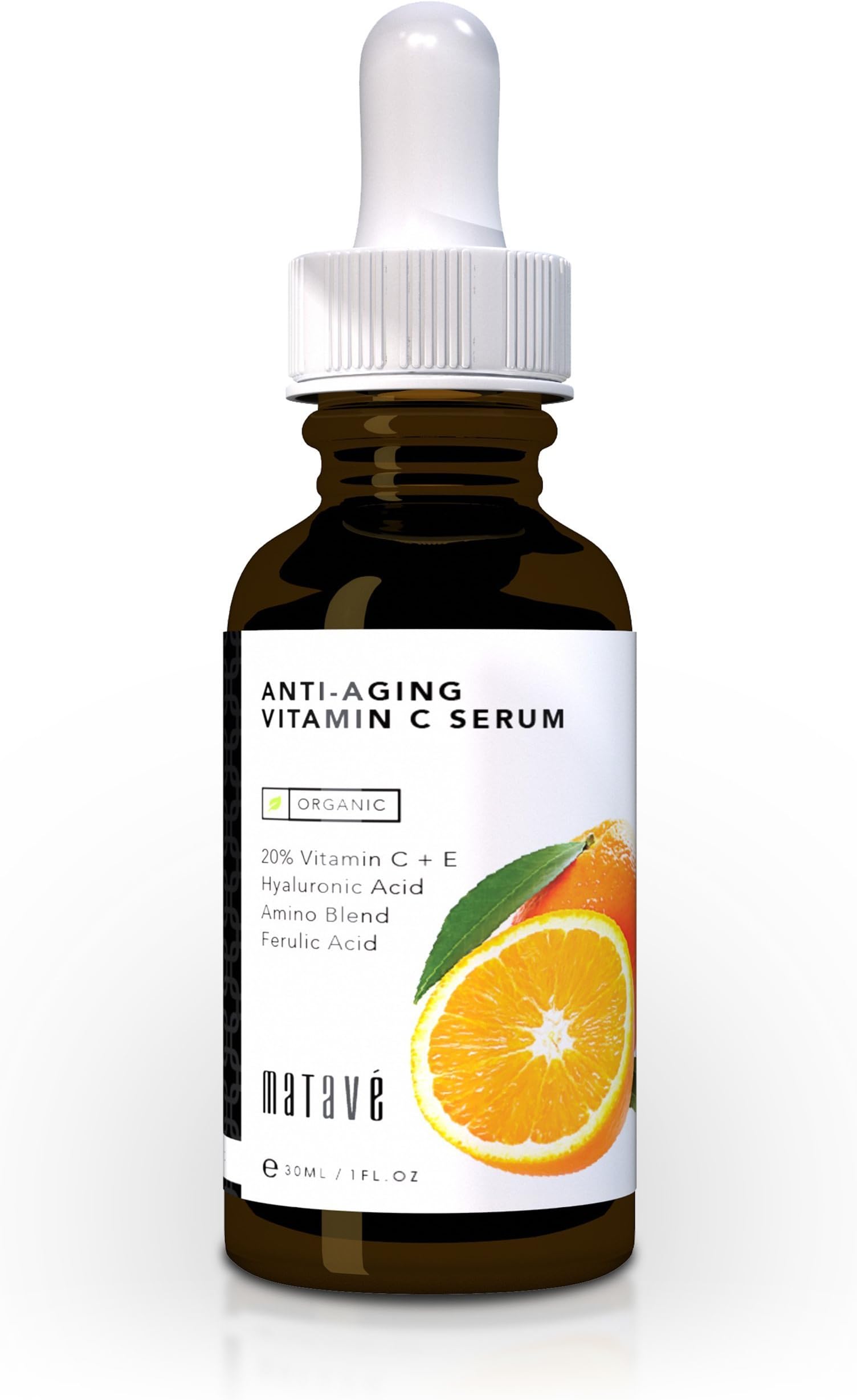 Matave Organic 20% Vitamin C Anti-Aging Facial Serum. Reduces Wrinkles & Fine Lines Pure Vegan Formula Contains 20% Vitamin C, Vitamin E, Organic Aloe, 11% Hyaluronic Acid, Ferulic Acid & Amino Blend