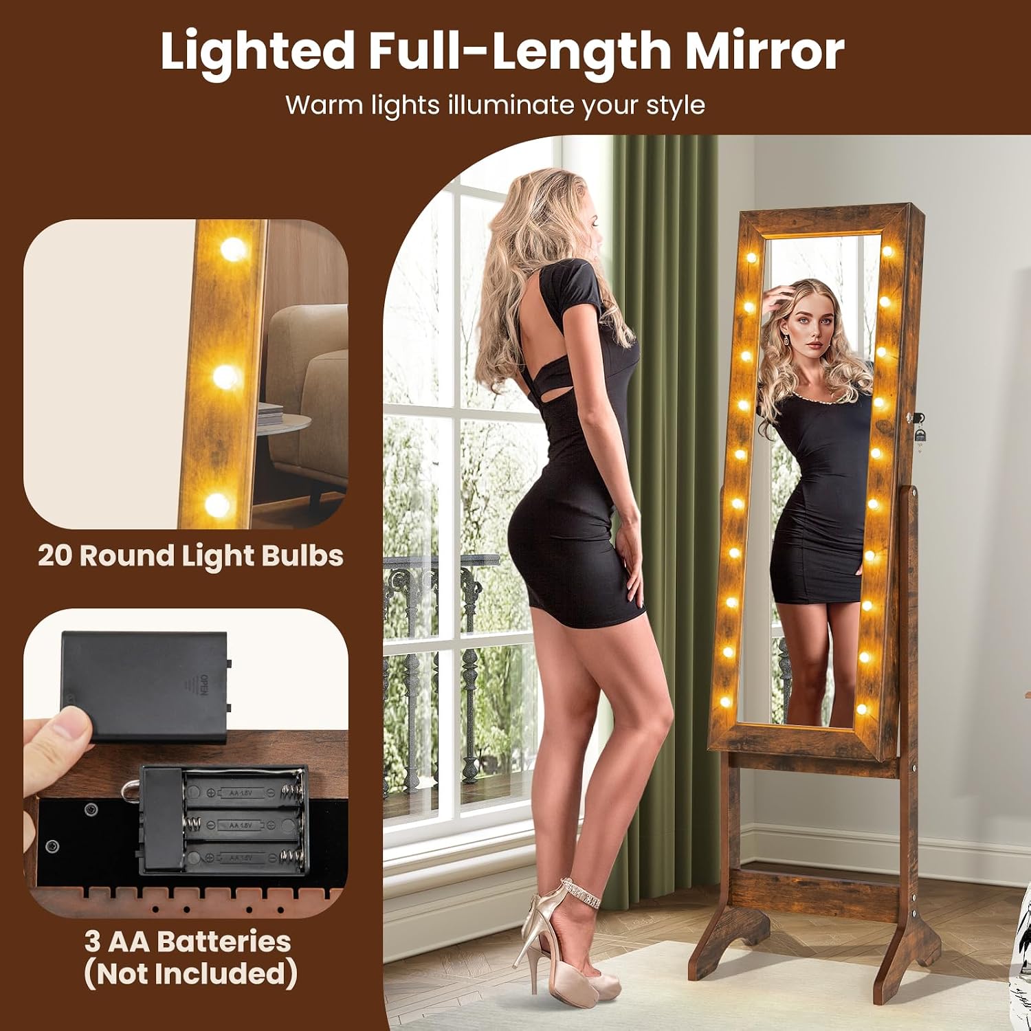 GOFLAME Jewelry Armoire Cabinet Standing, Lockable Full Length Mirror with Storage Shelves and 2 Drawers, Adjustable Tilt Angles, Stand Up Jewelry Box with Lighted Mirror (Rustic Brown)