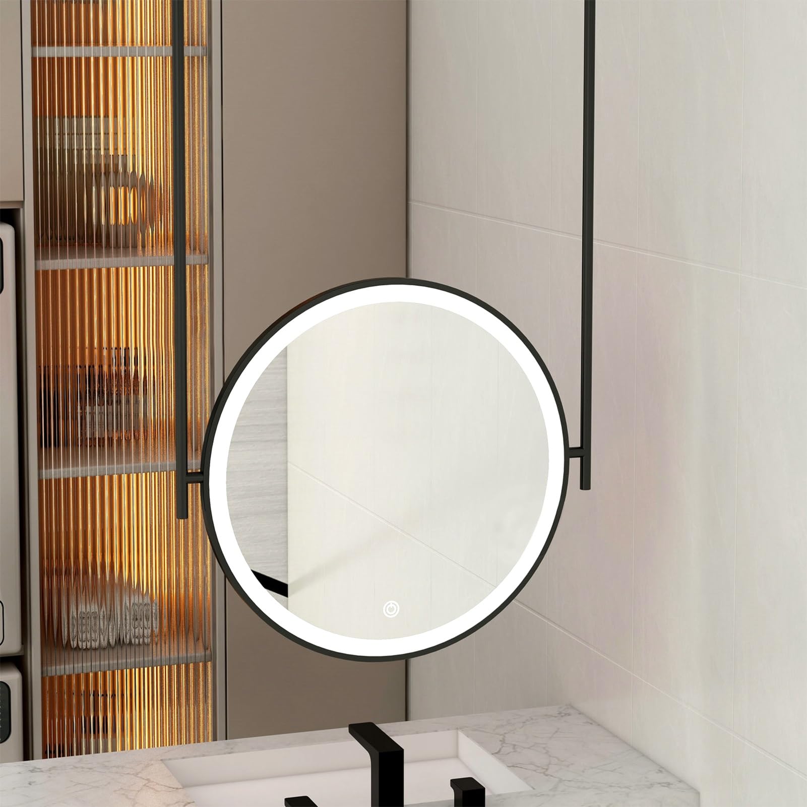 SXFSDOU Round Wall-Mounted Makeup Mirror with LED Lights - Circle Bathroom Hanging Rod, Ceiling Suspended for Vanity, Dressing Room, Hotel(Diameter-50CM/19.7INCH)