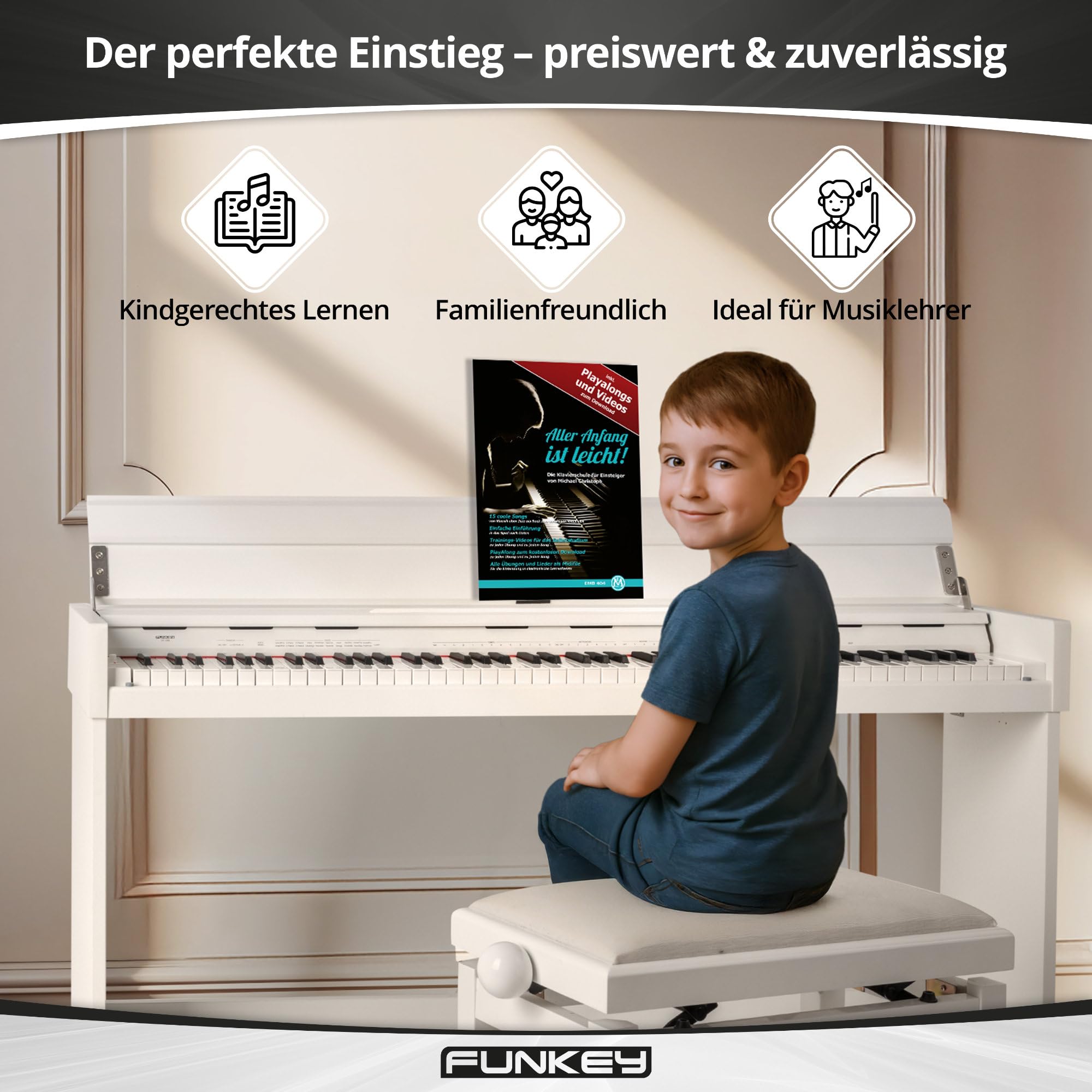 Funkey DP-1088 WM Piano digital set - 88 teclas teclado delgado sensibles al tacto - 20 sonidos, incluida pedalera - Con banco y auriculares - Blanco mate