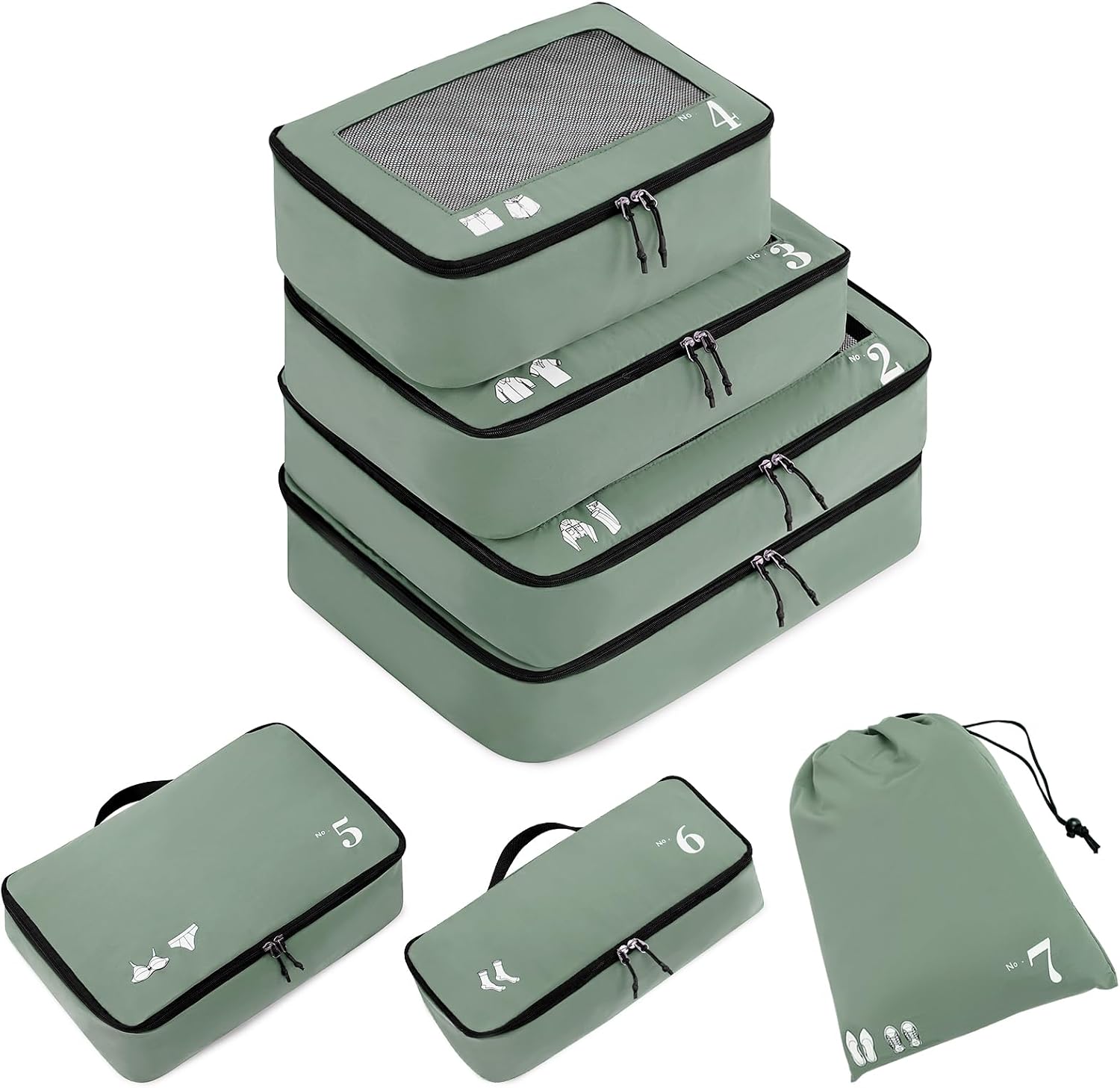 ECOHUB 7-Piece Suitcase Organiser Set Packing Cubes with Zip Recycled PET Packing Cube Set Packing Bags for Suitcases Organiser Case for Holidays and Travel Travel Organiser Set New Green