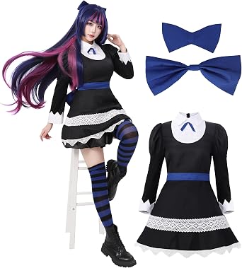DAZCOS Womens Anime Cosplay Costume Black Blue Maid Dress Stocking Uniform Full Set for Halloween