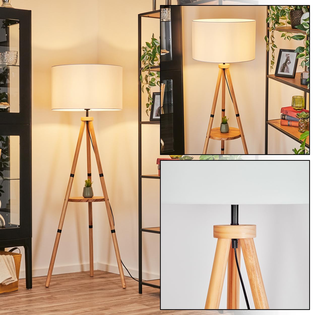 HOFSTEIN Flemming lampa stojąca z drewna/metalu w nowoczesnym stylu boho, abażur z materiału, Ø 50 cm, 153 cm, E27, z włącznikiem nożnym i półką – salon, sypialnia, jadalnia, korytarz