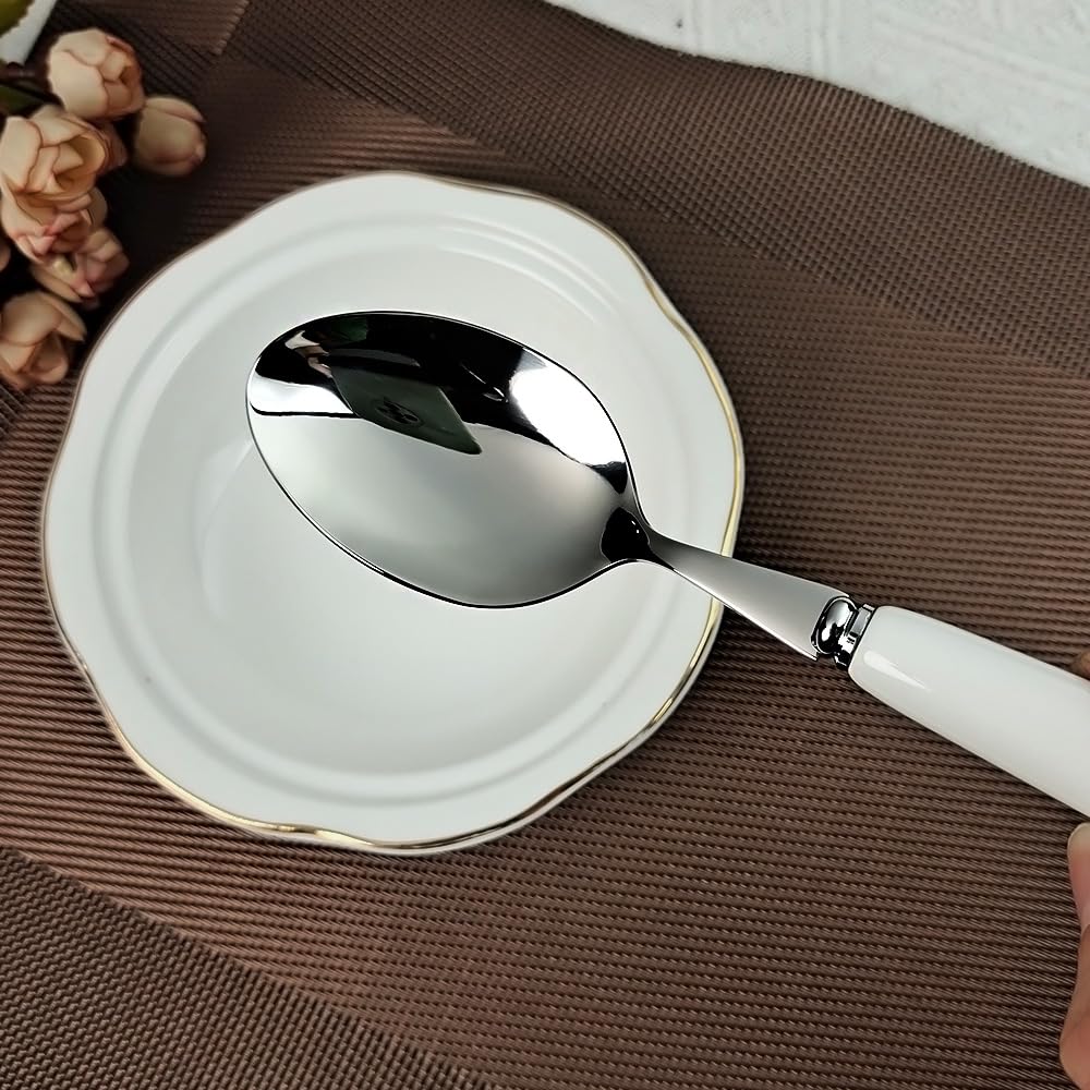 Cucchiaio da tavola fine da 20 cm con bordo rotondo di qualità, in acciaio inox 18-10, manico in ceramica bianca, cucchiai da minestra, posate per lucidatura a specchio, cucchiaio principale