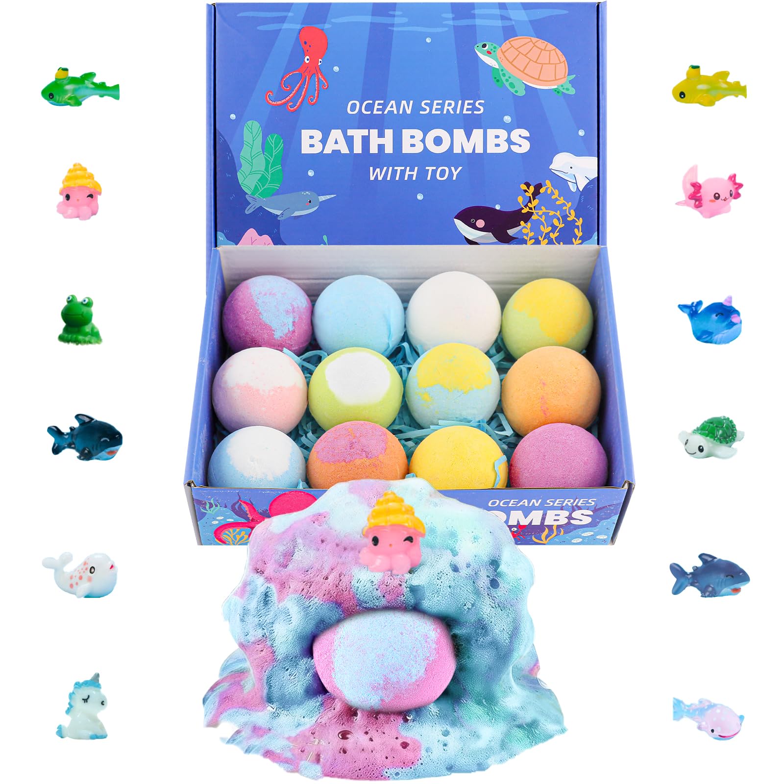 12 bombe da bagno per bambini con sorpresa giocattoli da bagno con giocattoli in schiuma, set di bombe da bagno colorato, idea regalo per vasca da bagno