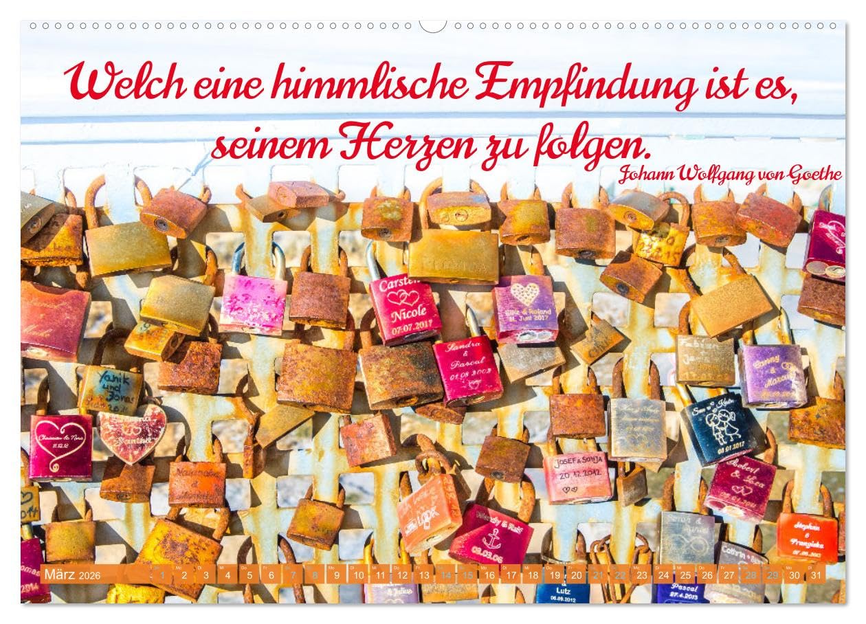 Liebesschlösser, Ich liebe Dich (Wandkalender 2026 DIN A2 quer), CALVENDO Monatskalender: Geschenk-Kalender mit Poesie, Sprüchen und Zitaten
