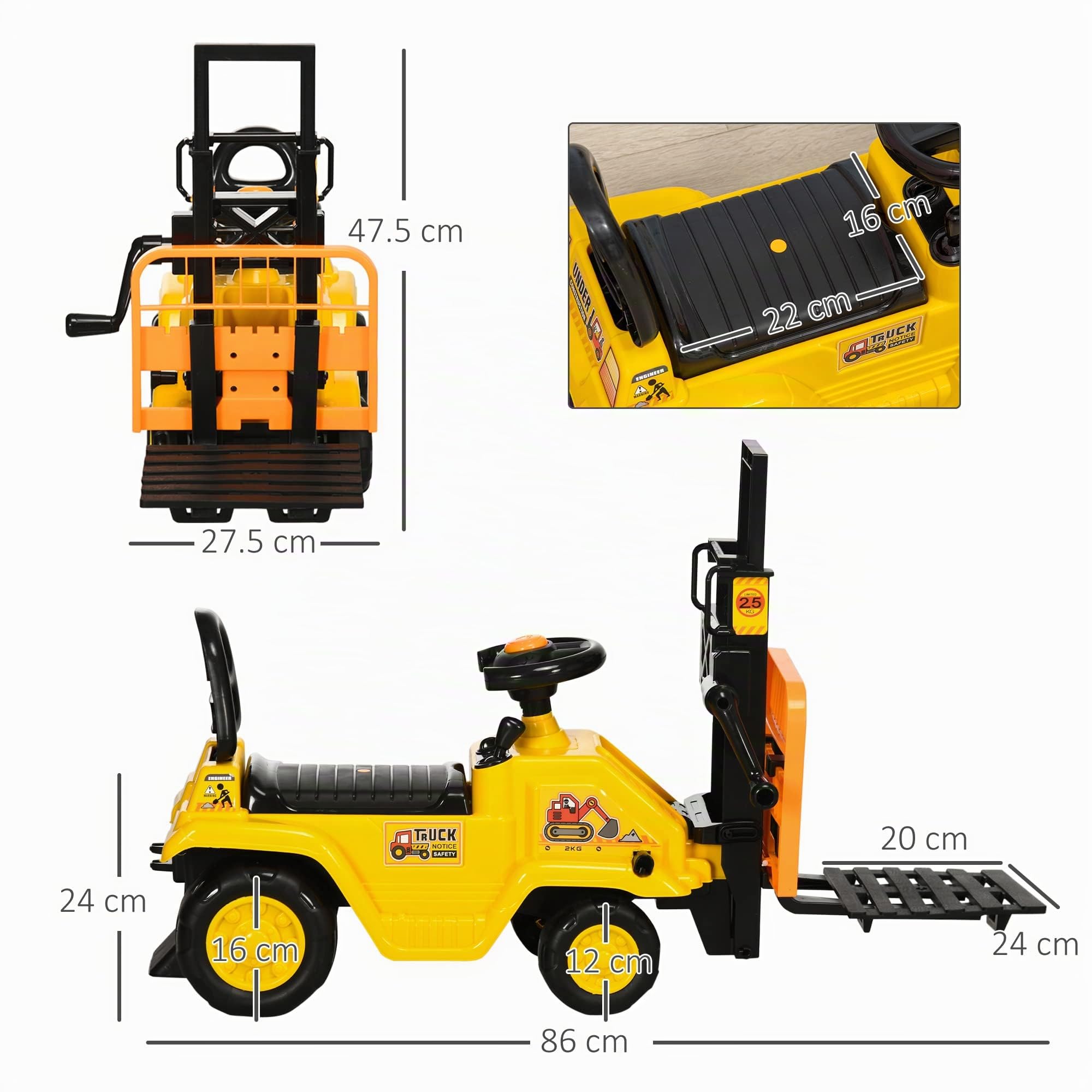 HOMCOM Traktor für Kinder von 3-4 Jahren mit Gabelstapler, Knopf für Geräusche und versteckter Stauraum, aus PP und ABS, 86 x 27,5 x 47,5 cm, Gelb und Schwarz
