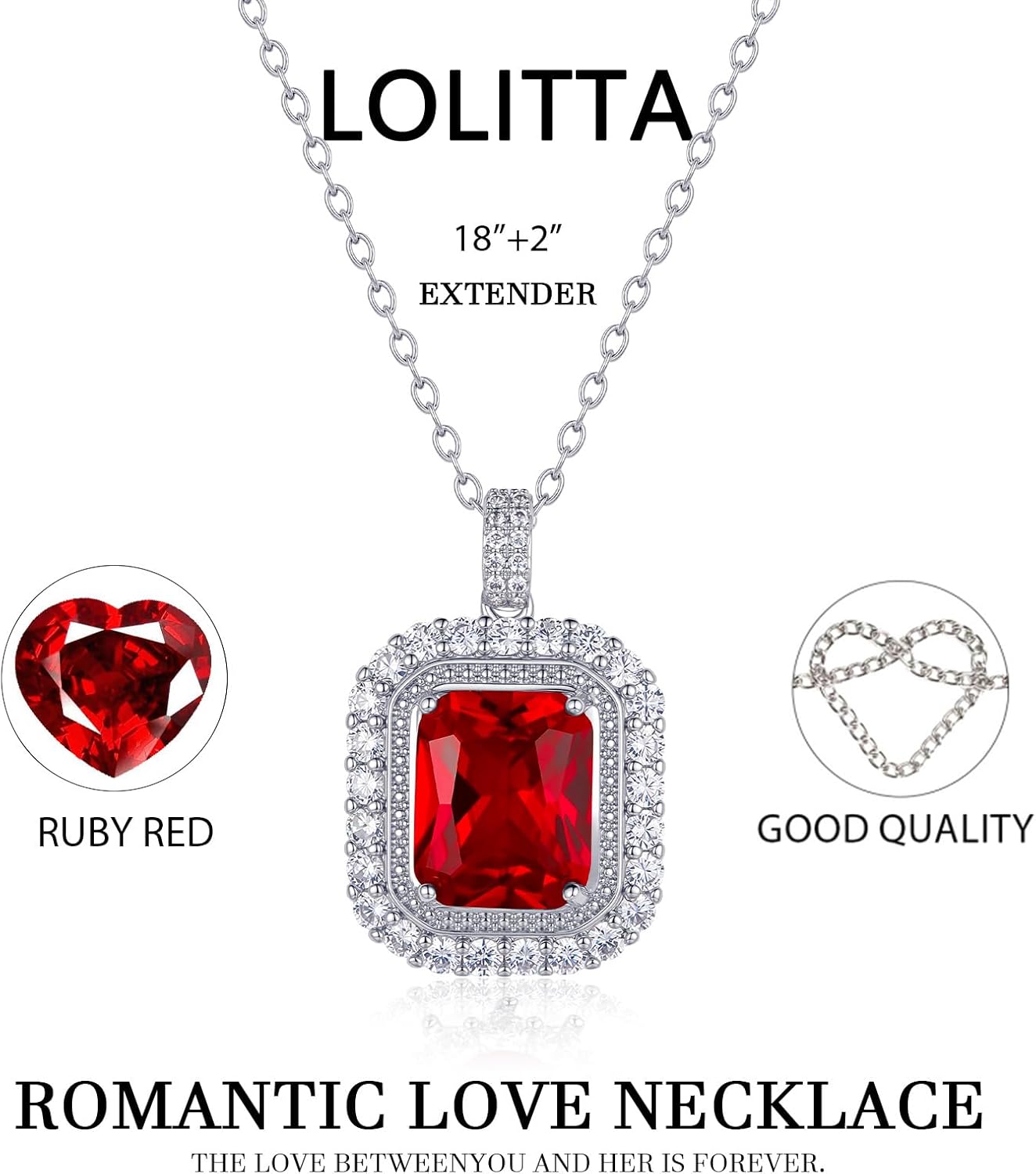 Lolitta Red Crystal Pendant Necklace For Women,18k White Gold Plated 18+2 Inch Adjustable Chain, Dainty Jewelry Rose Gifts Set,Valentine's Day Anniversary Birthday Gifts For Women Mom Her Wife - Image 2