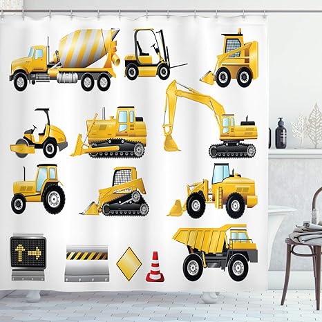 Amazon Co Jp Assanu 黄色の建設現場の機械と標識漫画イラストパターン装飾ルーム装飾ホームシャワーカーテンをきれいに簡単に浴室浴室ホテルカーテンカーキ ホーム キッチン