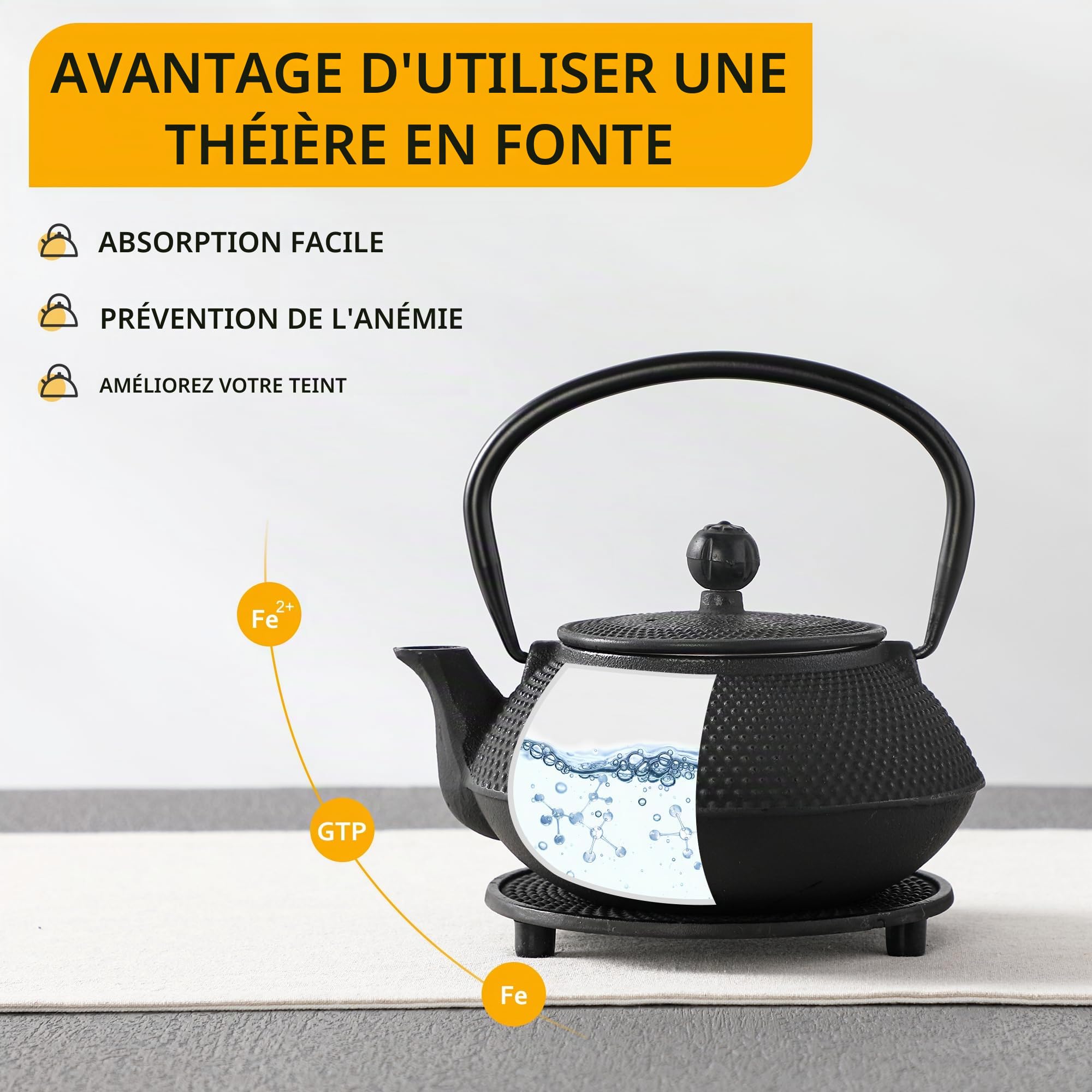 Velaze Théières et 2 Tasses de Thé avec Infuseur, Théière Induction Emaillé Noir de 700ML, Set Teapot en Fer Traditionnel avec Panier en Inoxydable, Plateau en Fonte