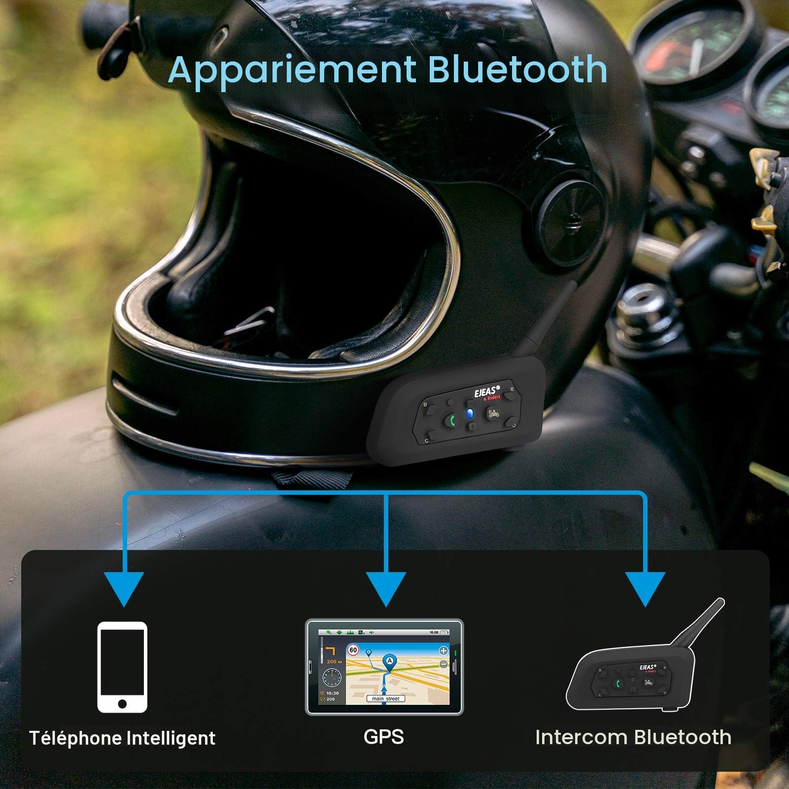 EJEAS V6 Pro Intercom Moto, L'interphone de Casque de Moto Bluetooth Peut Connecter 6 Coureurs pour l'équitation, Le Ski et l'alpinisme. (1 Paquet)