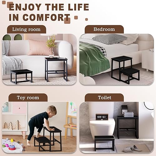 Miniatura 13 de Taburete de escalón para adultos, soporta hasta 500 libras, 3 en 1, resistente taburete de dos pasos para Kichen/baño/camas altas, marco de madera y