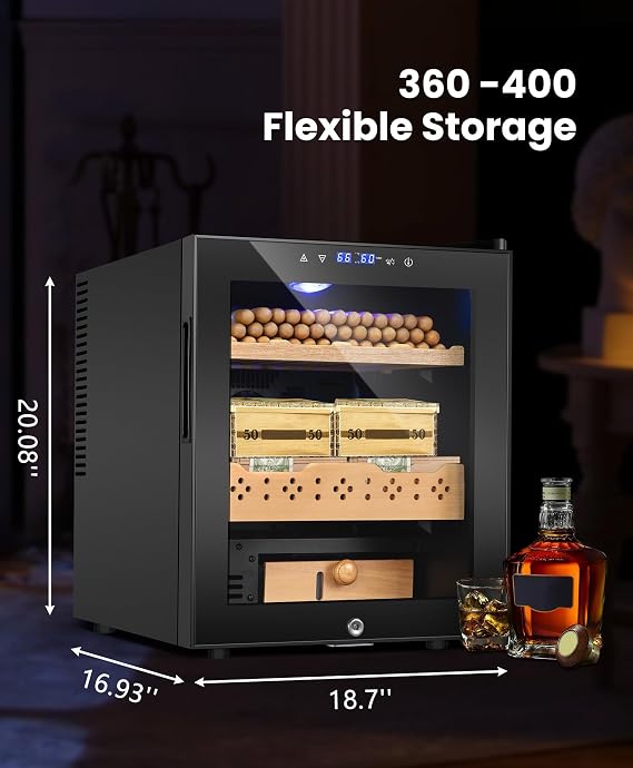 Thermostatic Electric Cooler Cabinet 350 Counts,50L Electric Humidor with Smart Humidity & Temp Digit Control System,Spanish Wood Shelves,Gift for Men