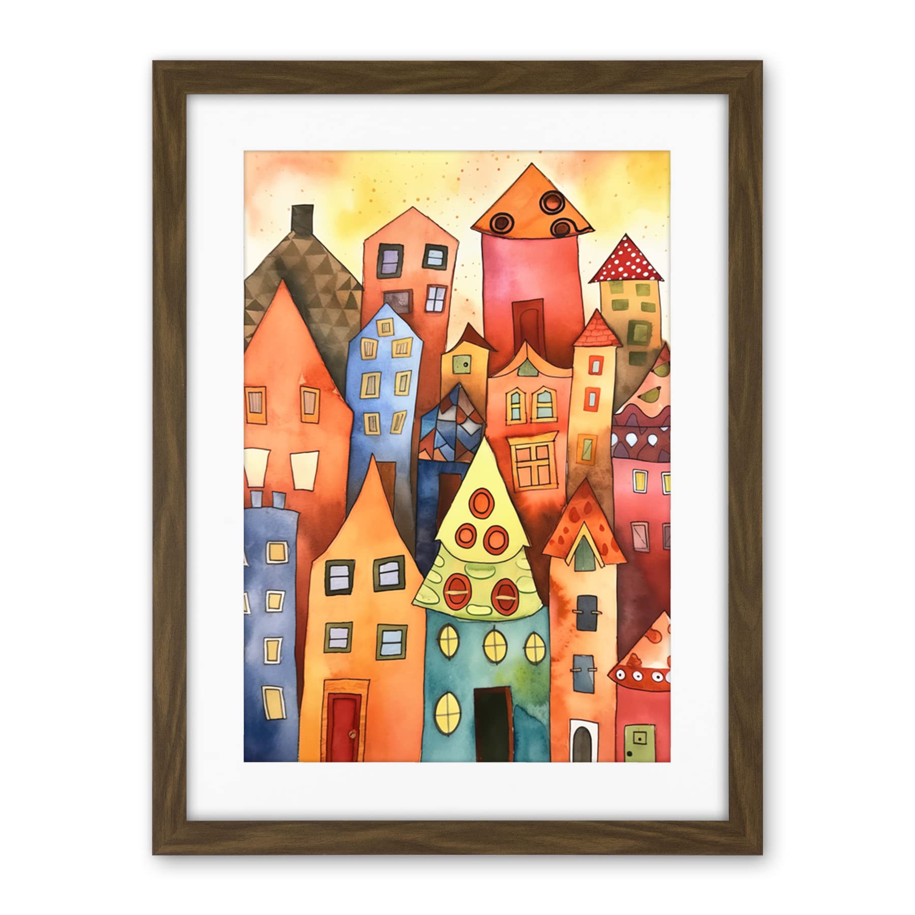 Artery8 Colourful Townscape Folk Art Watercolour Painting Artwork Framed Wall Art Print 18X24 Inch