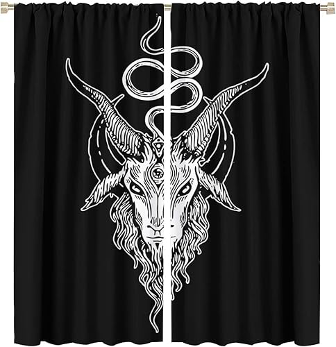Vista 147 de Cortinas de cabeza de cabra, misteriosa cabeza de cabra malvada, calavera negra, bolsillo para barra, cortinas opacas para ventana, juego de 2