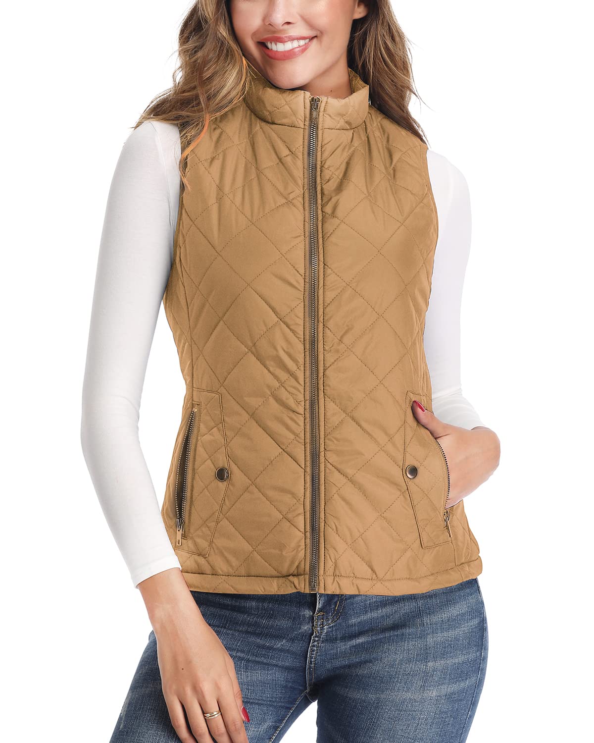 Longking Women's Camel Outwear Vest - Stand Collar Lightweight Zip Quilted Vest For M