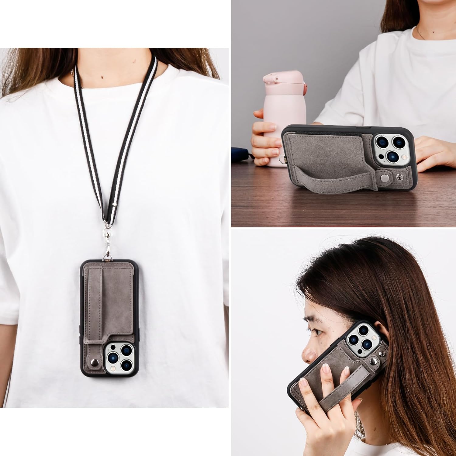 TOOVREN Phone Cover for iPhone 15 Pro Wallet Case with Card Holder Stand Neck Strap PU Leather Cover Fits iPhone 15 Pro Case with Wallet Lanyard Kickstand Detachable for Women Men 6.1 inch Gray - Image 6