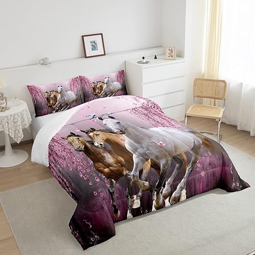 Miniatura 4 de Feelyou Juego de edredón de tamaño individual con diseño de caballos, ramas de cerezo, corcel, juego de ropa de cama para niños y adolescentes,