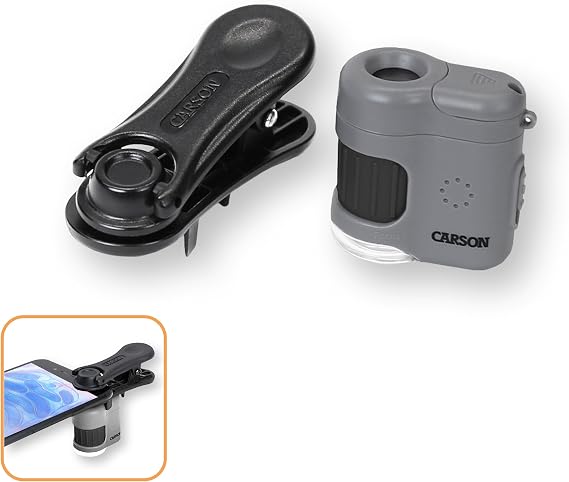 Carson MicroMini 20x LED Light Pocket Microscope, Integrated LED and UV Flashlight and Universal Smartphone Digiscoping Adapter Clip (MM-380)