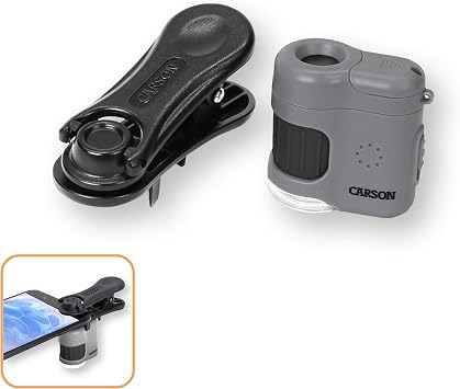 Carson MicroMini 20x LED Light Pocket Microscope, Integrated LED and UV Flashlight and Universal Smartphone Digiscoping Adapter Clip (MM-380)