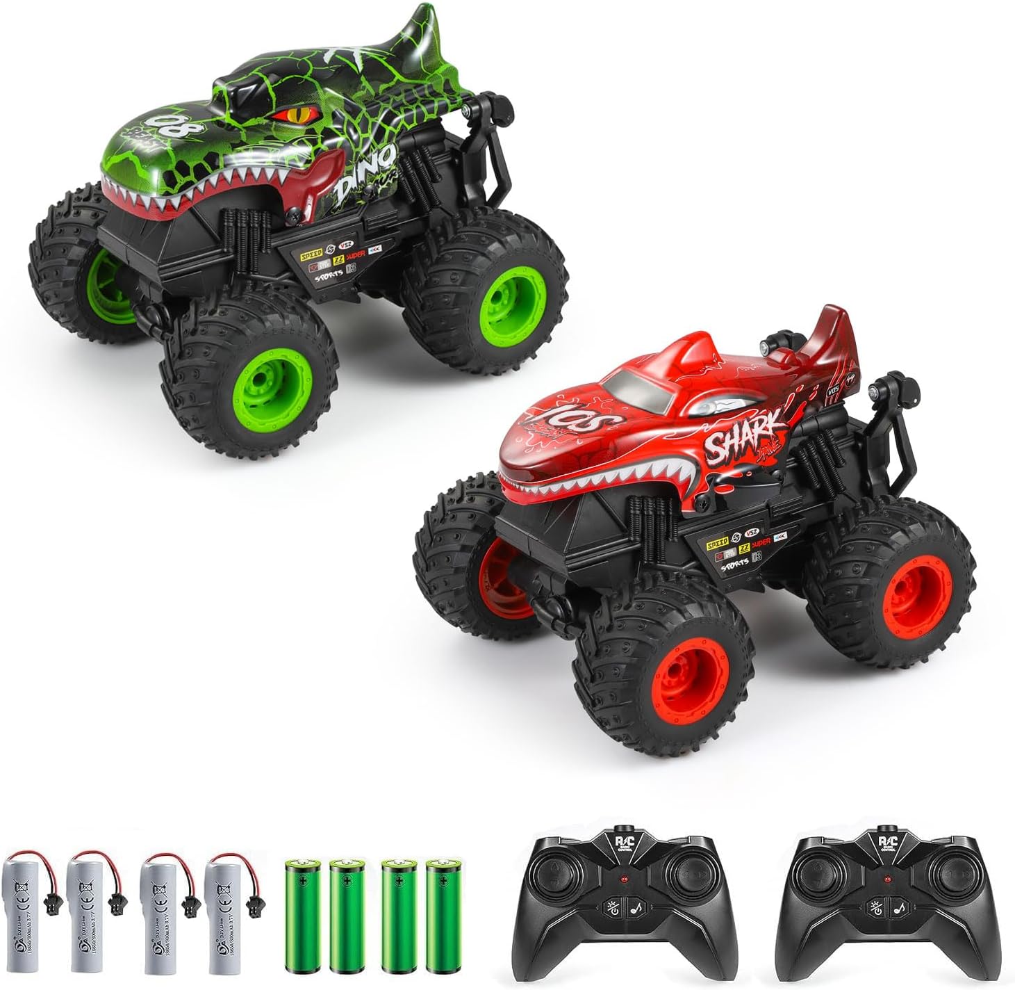 DYODYORC 2 Pack RC Monster Truck, All Terrain RC Shark Car and RC Dinosaur Truck with Light&Music&360°Stunt, 2 Rechargeable Batteries, Toy Gifts for Boys and Girls