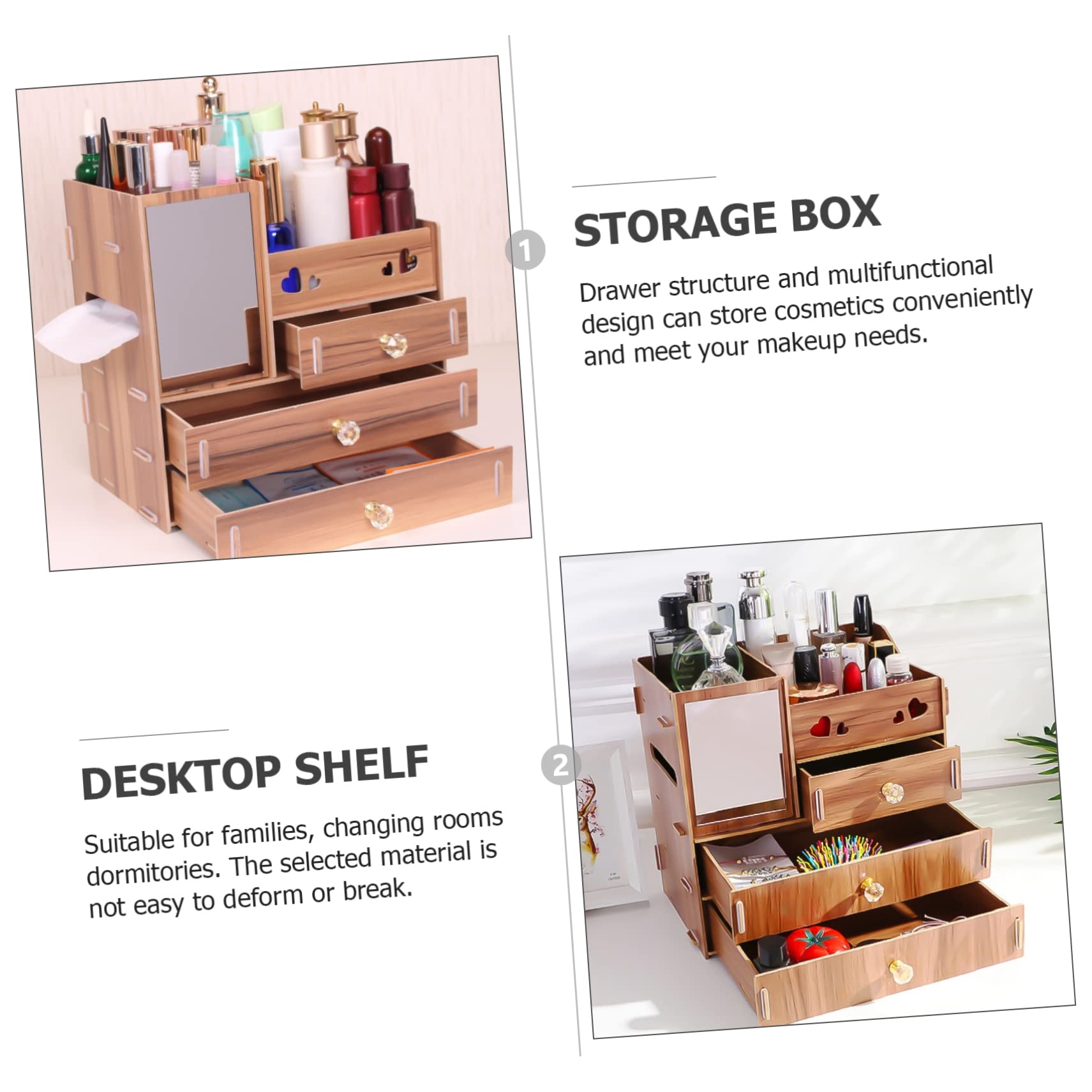 Boîte de Rangement Cosmétiques en Bois Miroir, Tiroirs
