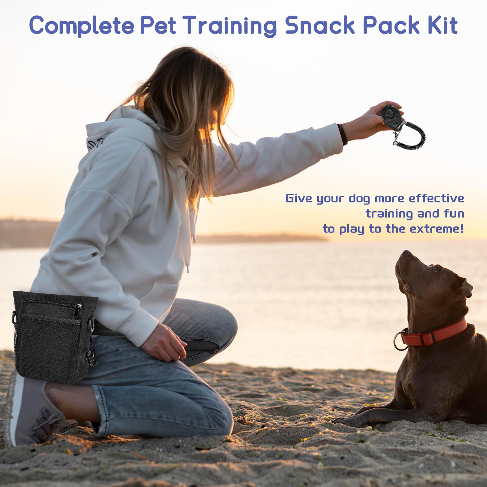 Porta Premietti per Cani Porta Sacchetti Cane Set di Contenitore Crocchette Cani con Sac Interno Silicone&Clicker per Cani&Sacchetti Cane Cacca Dispenser&Tracolla Regolabile per Addestramento Cane