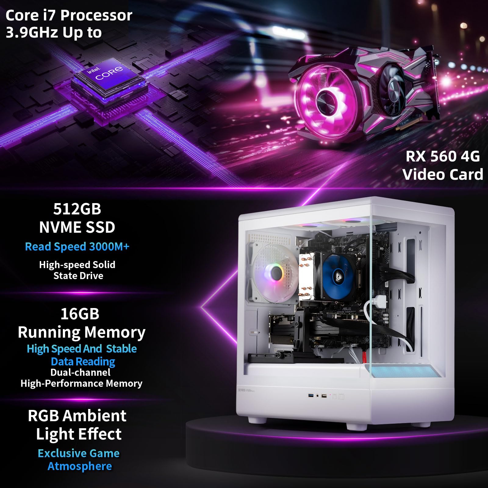 ZER-LON Gaming PC Desktop Computer, Core I7 up to 3.9GHz, Radeon RX 560 4GB GDDR5, 16G DDR3 RAM, 512GB NVME SSD, WiFi 5.0, Prebuilt Gaming PC Tower Computer with 5 RGB Fan — view 2
